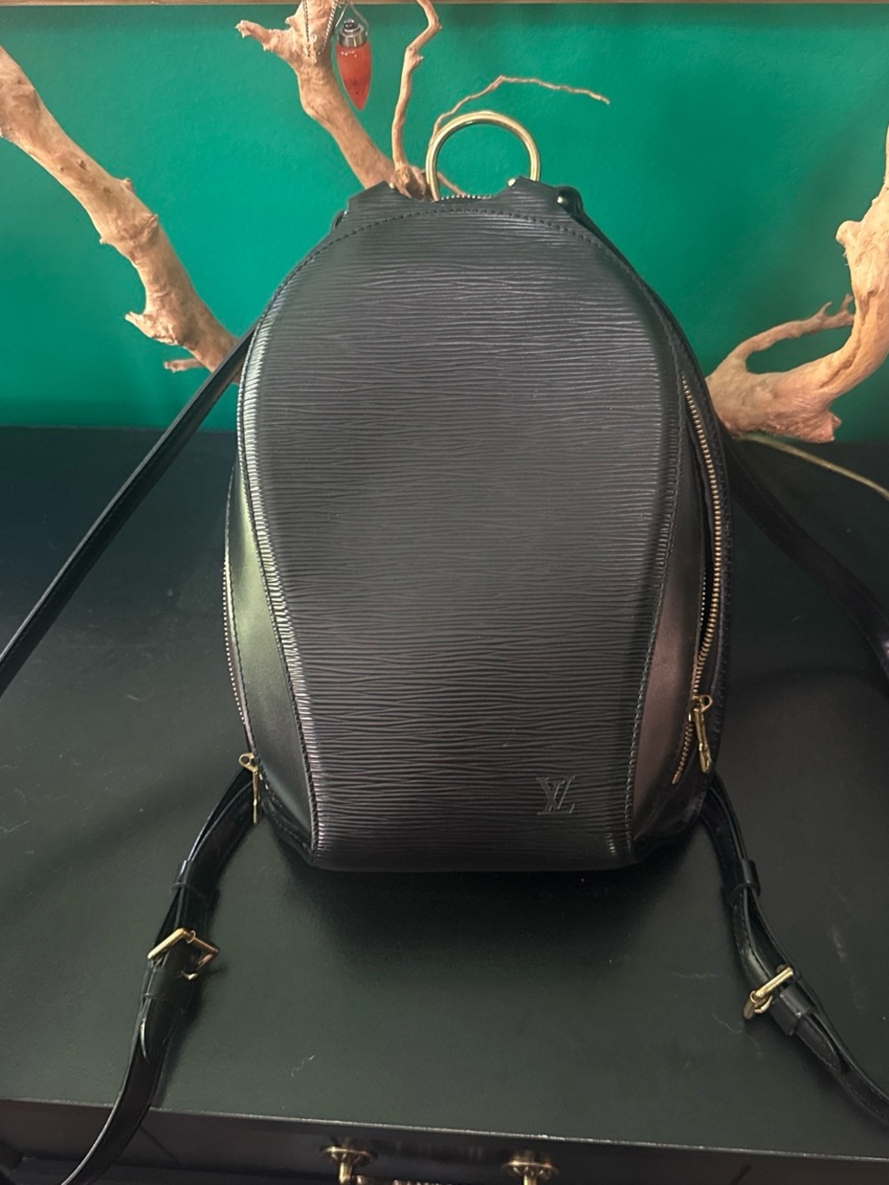 Louis Vuitton Black Textured Leather Backpack with Gold Hardware